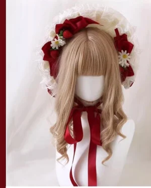 Lolita strawberry bonnet frontal view with wavy golden hair, red decorative accessories, long red neck tie straps, and delicate lace ruffled bonnet design