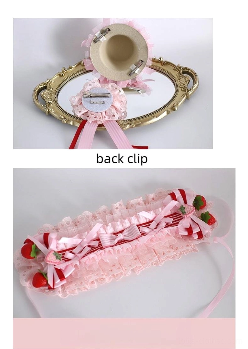 Lolita strawberry hair accessories styled multiple ways demonstrating versatile wearing options on mannequin with curly wig styling