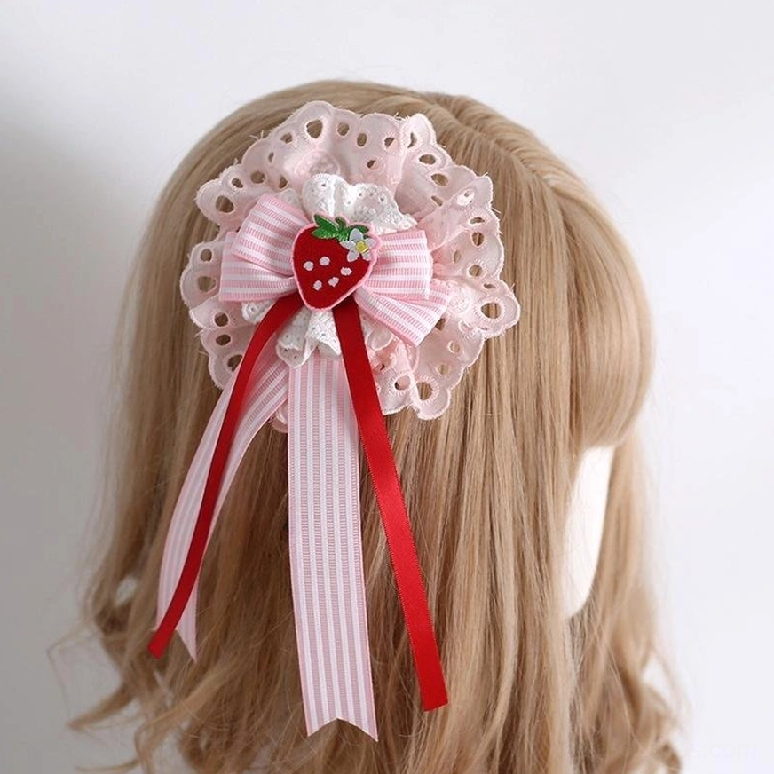 Lolita strawberry hair clip brooch hanamaru headpiece with eyelet lace base striped bow and red strawberry center back view