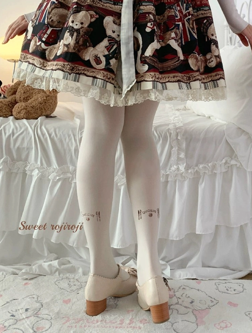 Cream white velvet lolita tattoo stockings back view calf print details model with plaid bear skirt beige block heel pumps
