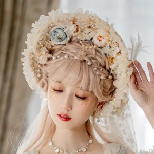 Complete Lolita tea party outfit on model with cream off-shoulder dress, floral crown headdress, pearl multi-layer necklace, and bridal veil