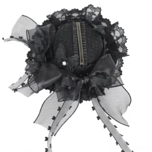 lolita tea party hat overhead front view black lace scalloped border zipper crown detail organza bow hanging tassels