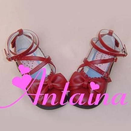 Matte wine red lolita tea party shoe in deep burgundy tone, crossover ankle strap design, round toe, and decorative bow accent