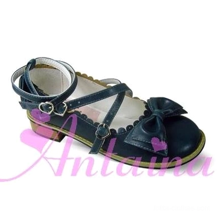 Navy blue lolita tea party shoe in deep rich tone, crossover ankle strap with buckle, round closed toe, and classical bow ornament