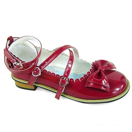 Shining wine red lustrous lolita tea party shoe with iridescent metallic finish, crossover ankle strap, bow accent, and romantic appeal