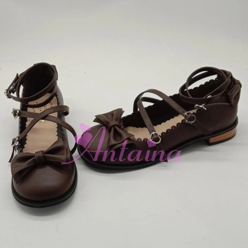Dark brown matte Lolita tea party shoes low comfort heel handmade classic elegant substyle toe bow heart buckles crisscross straps