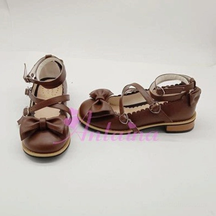 Matte light coffee brown Lolita tea party shoes handcrafted toe bow heart buckles crisscross straps soft finish classic substyle coordination