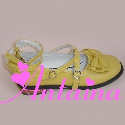 Matte milk yellow Lolita tea party shoes creamy pale yellow sweet substyle toe bow crisscross ankle straps heart buckles soft finish
