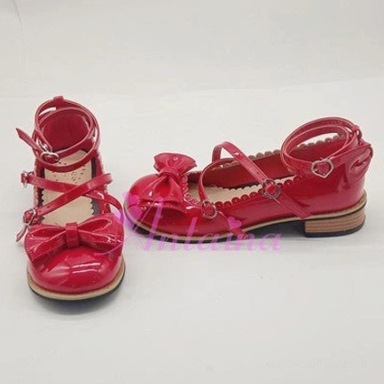 Matte wine red Lolita tea party shoes burgundy tone toe bow crisscross ankle straps heart buckles traditional classic Lolita color choice
