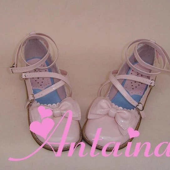 Lolita tea party shoes multiple angle showcase displaying round toe shape, crossover strap system, metal buckles, bow ornament, and block heel profile