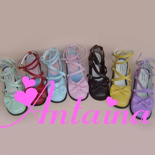 Multiple color variants of premium lolita tea party shoes including pink matte, black glossy, white, and navy options displayed on gradient pink background