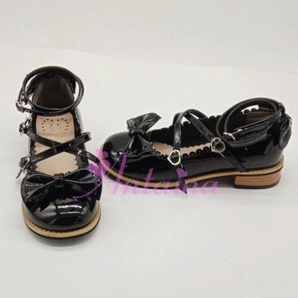 Shining black glossy patent Lolita tea party shoes elegant substyle high-gloss finish toe bow heart buckles crossover ankle straps