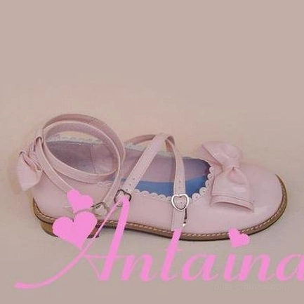 Shining pink glossy patent Lolita tea party shoes jewel-toned high-gloss finish sweet elegant crossover toe bow heart-shaped buckles