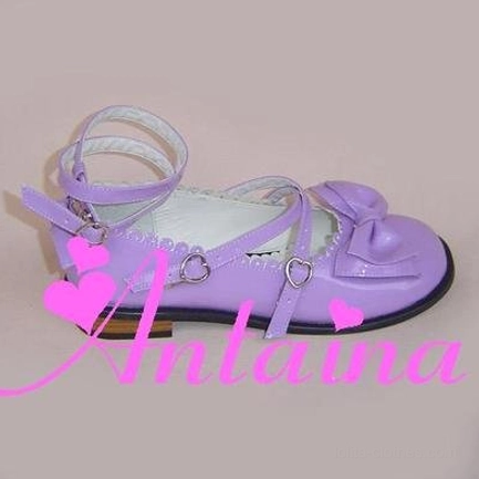 Shining purple glossy patent Lolita tea party shoes jewel-toned high-gloss finish elegant toe bow heart buckles crisscross ankle straps