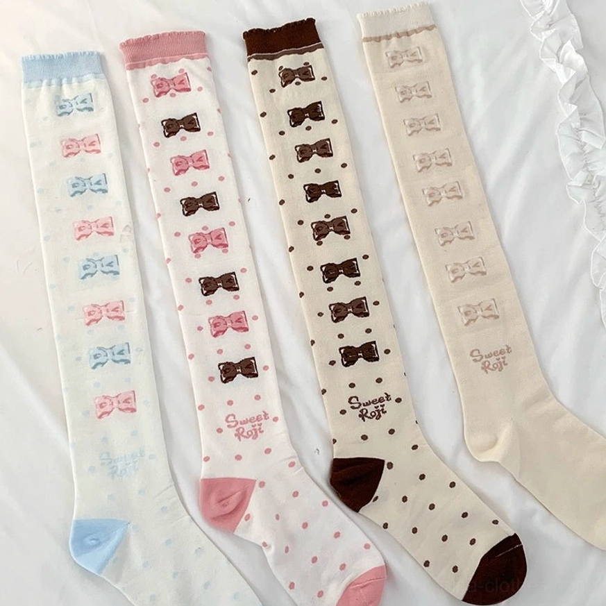 Lolita over-the-knee thigh-high socks combed cotton fabric flat lay product shot bow print pattern color variations showcase