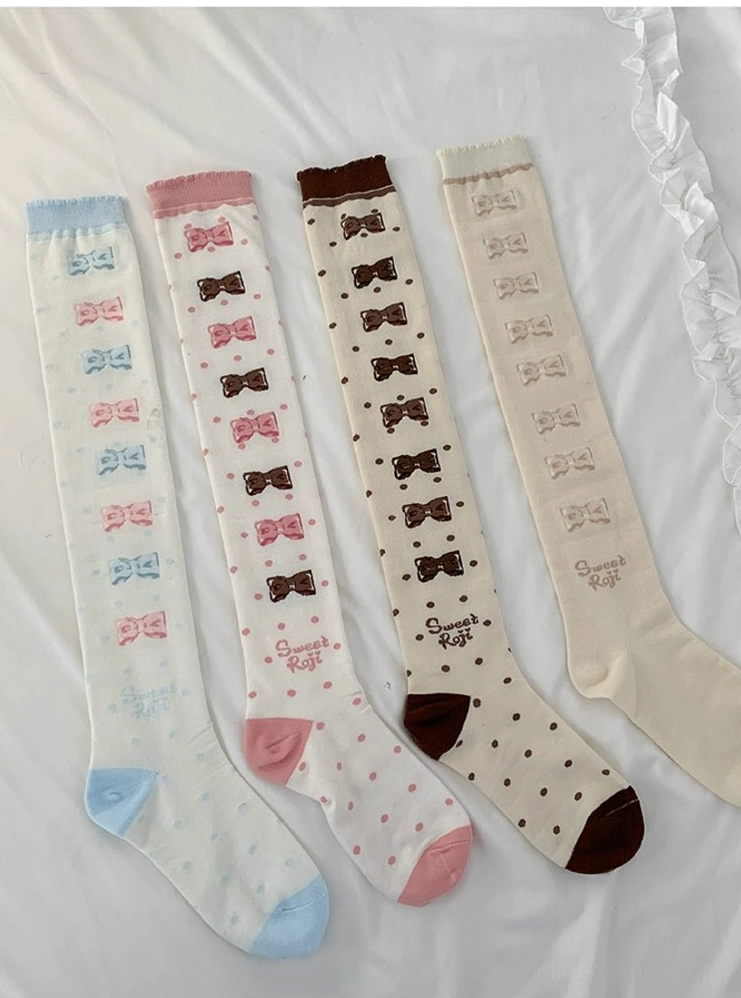 Lolita thigh-high over-knee socks cuff detail embroidered english logo text accent adjustable drawstring trim finish