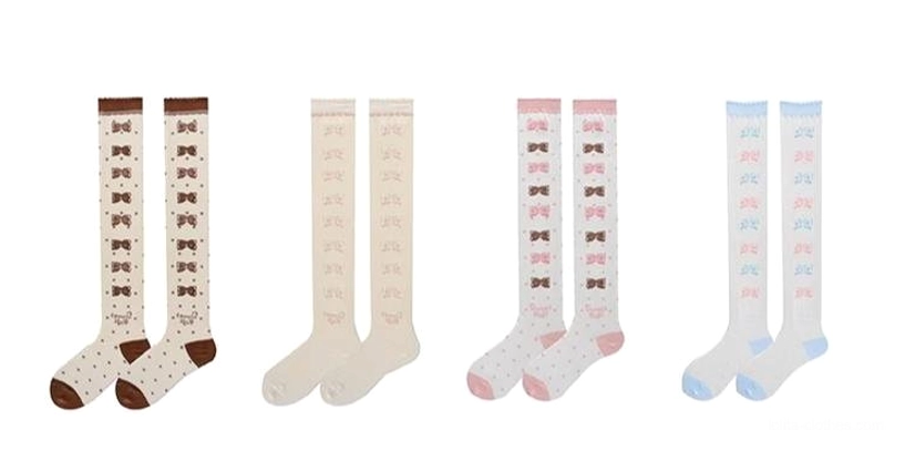 Lolita thigh-high socks multiple colorway display ivory pink blue brown coffee bow print options sweet classic gothic coordinate