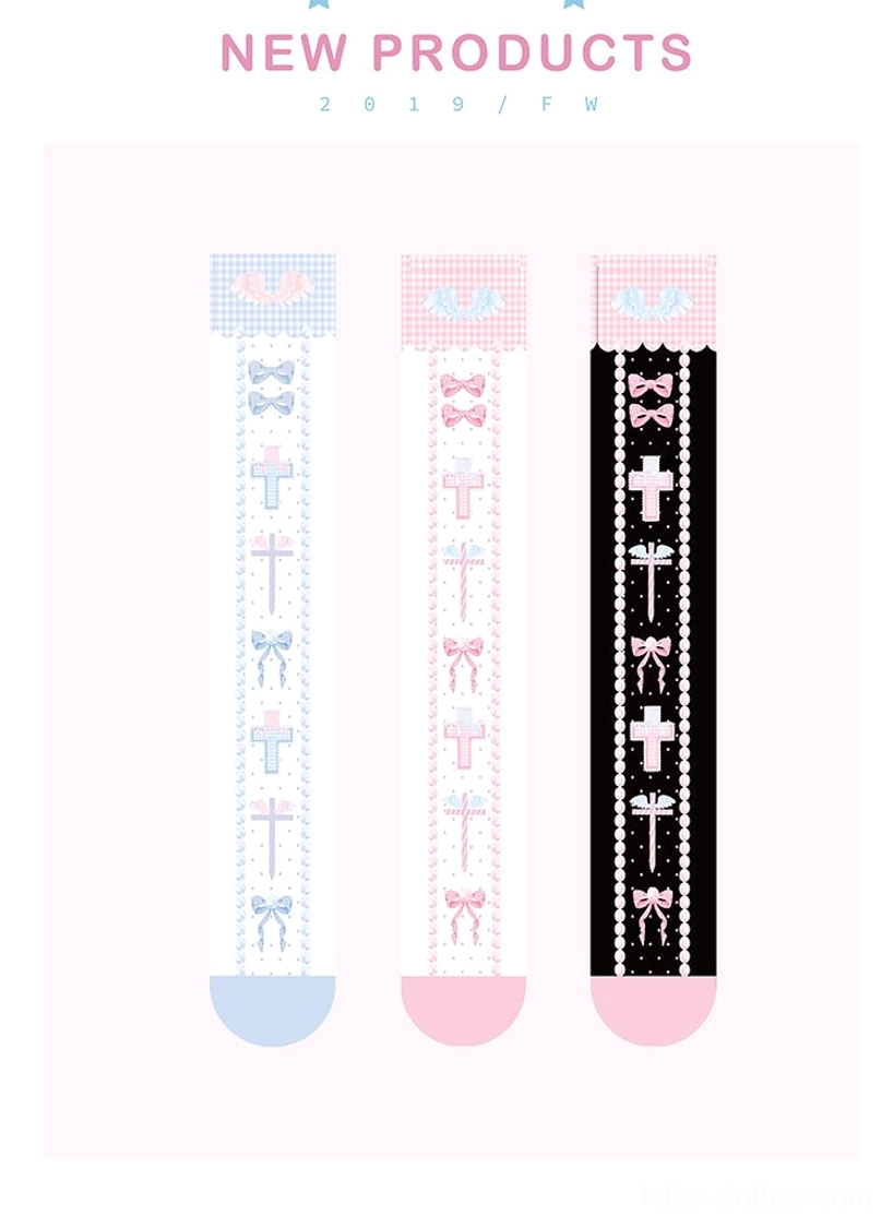 Flat lay product shot showing all three color variations of sweet lolita thigh high stockings - blue, pink, and black with bow cross patterns, new products 2019 fall winter collection