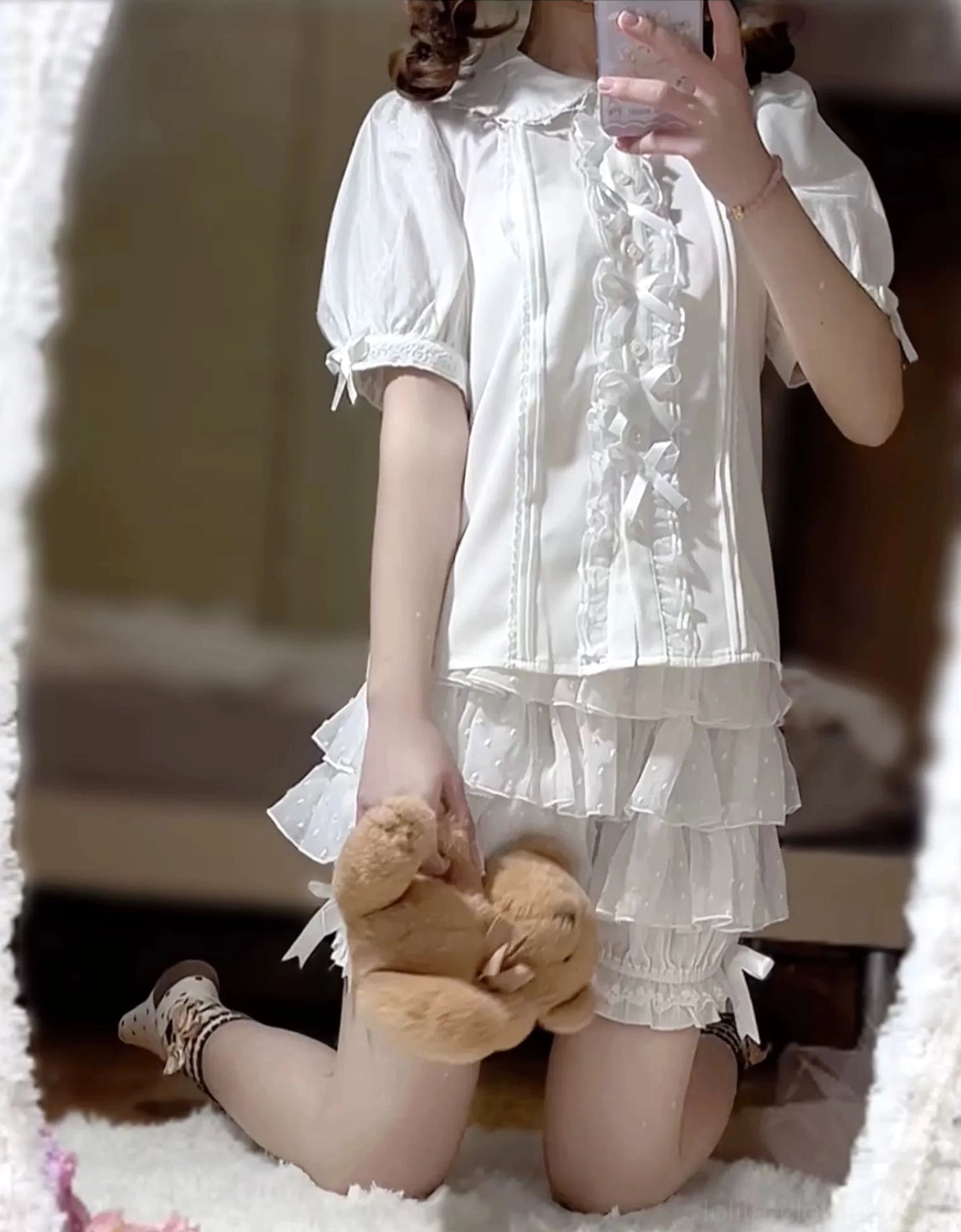 Tiered ruffle lolita bloomers elastic waistband detail showing comfort fit construction secure fastening mechanism and high waist design close-up view for comfort