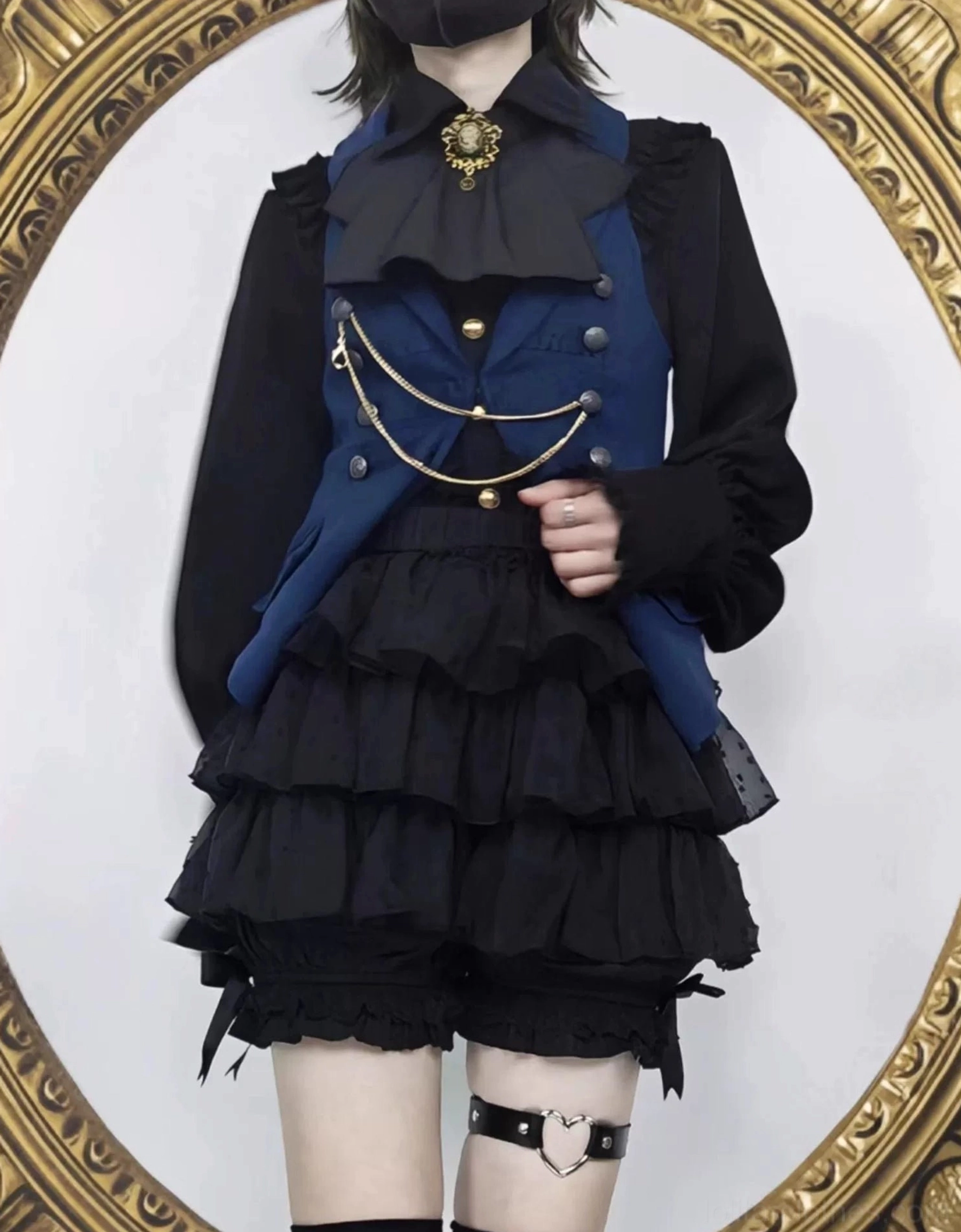 Lolita tiered ruffle bloomers size comparison guide showing multiple sizes laid flat with measurement indicators for waist length dimensions inches and centimeters