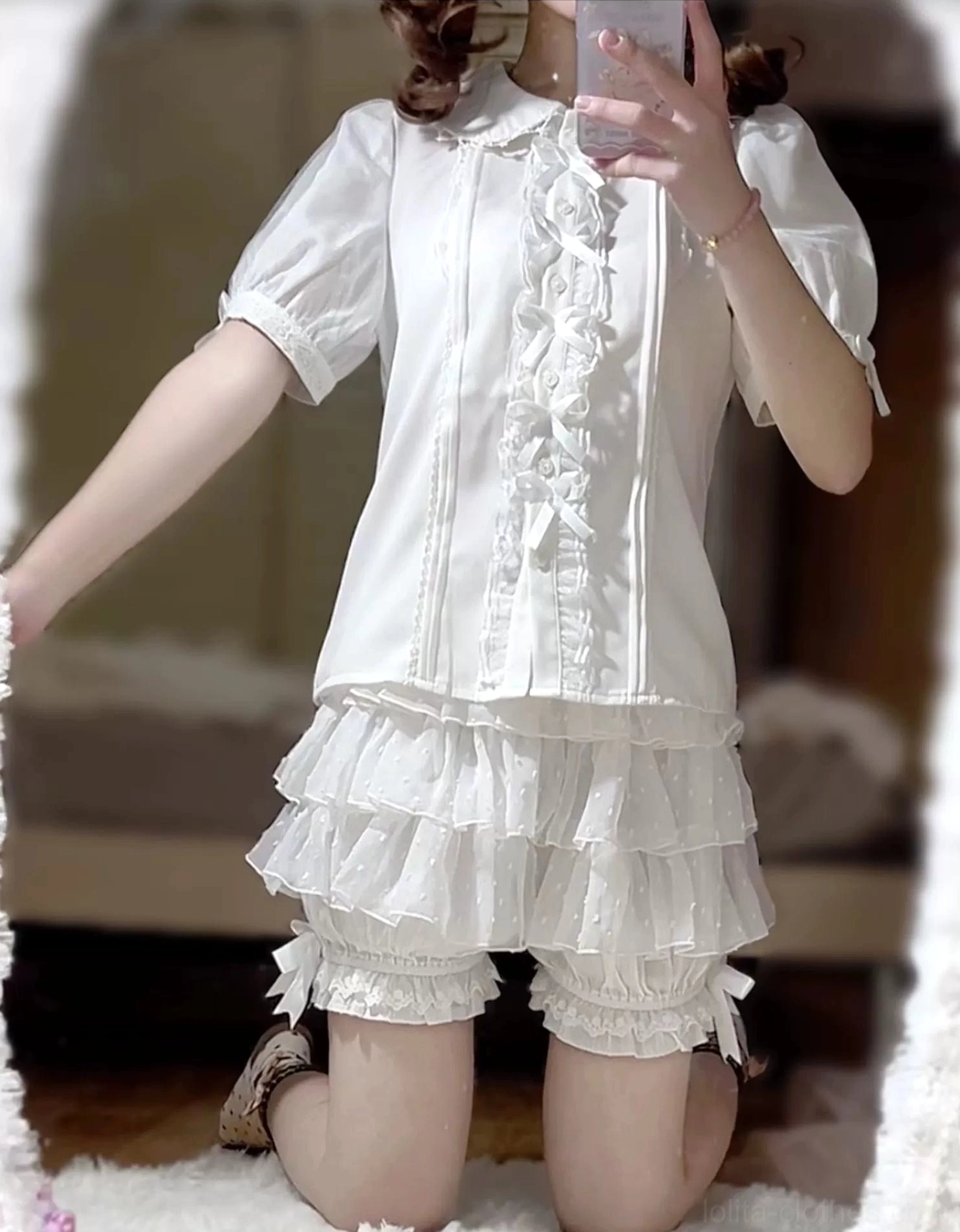 Lolita tiered ruffle bloomers styling inspiration featuring multiple outfit combinations with different lolita dress styles color coordinations and aesthetic arrangements gallery