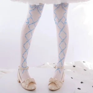 Blue ribbon printed sweet Lolita tights direct front view of both legs, neat blue cross pattern on pure white velvet base paired with beige Mary Janes and lace skirt