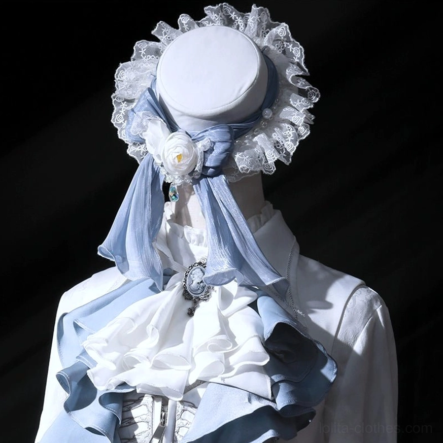 Lolita headwear top hat and collar accessory set close-up white round bonnet lace frill ash blue ribbon