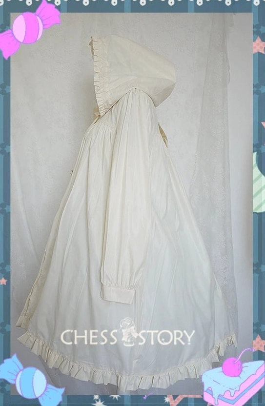 Full side back view cream Lolita trench raincoat showing attached ruffled hood buttoned cuffs ruffled hem and flowy A-line silhouette