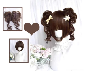 Detachable twin curly bun set with short bob base wig for sweet Kawaii Lolita styling - flat lay collage product display showing both pieces separately