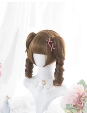 Short twin curly ponytail daily lolita wig back view showing brown tone side curly ponytails with cross-shaped pink hairpins and delicate necklace