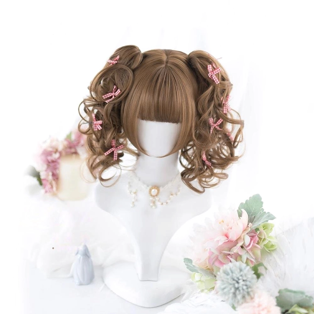 Chestnut brown lolita double curly ponytail wig with blunt bangs pink bow hair clips displayed on mannequin with candle and flower decorations