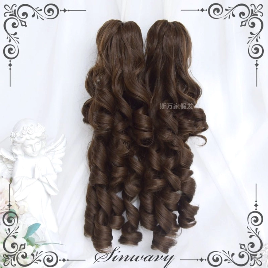 Separate twin Roman curl hair extensions for Lolita wig, dark brown long layered ringlet curls detachable piece back flat view