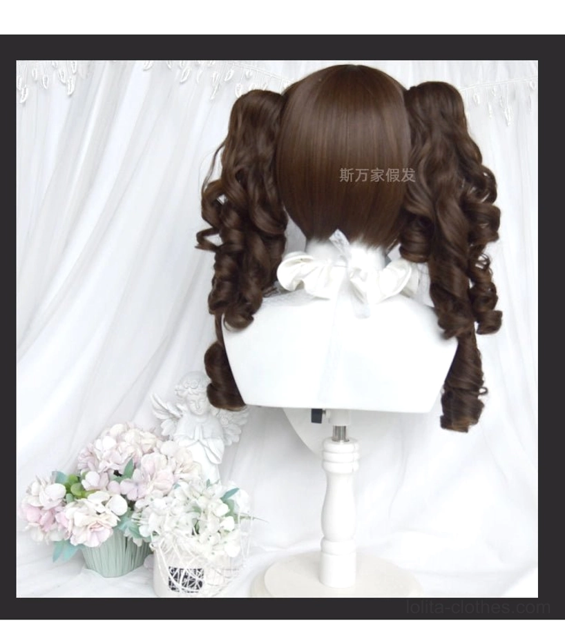Detachable twin-tail Roman curl wig set back view showing dark brown long curly ponytails with tight ringlets, displayed on stand with white bow decoration