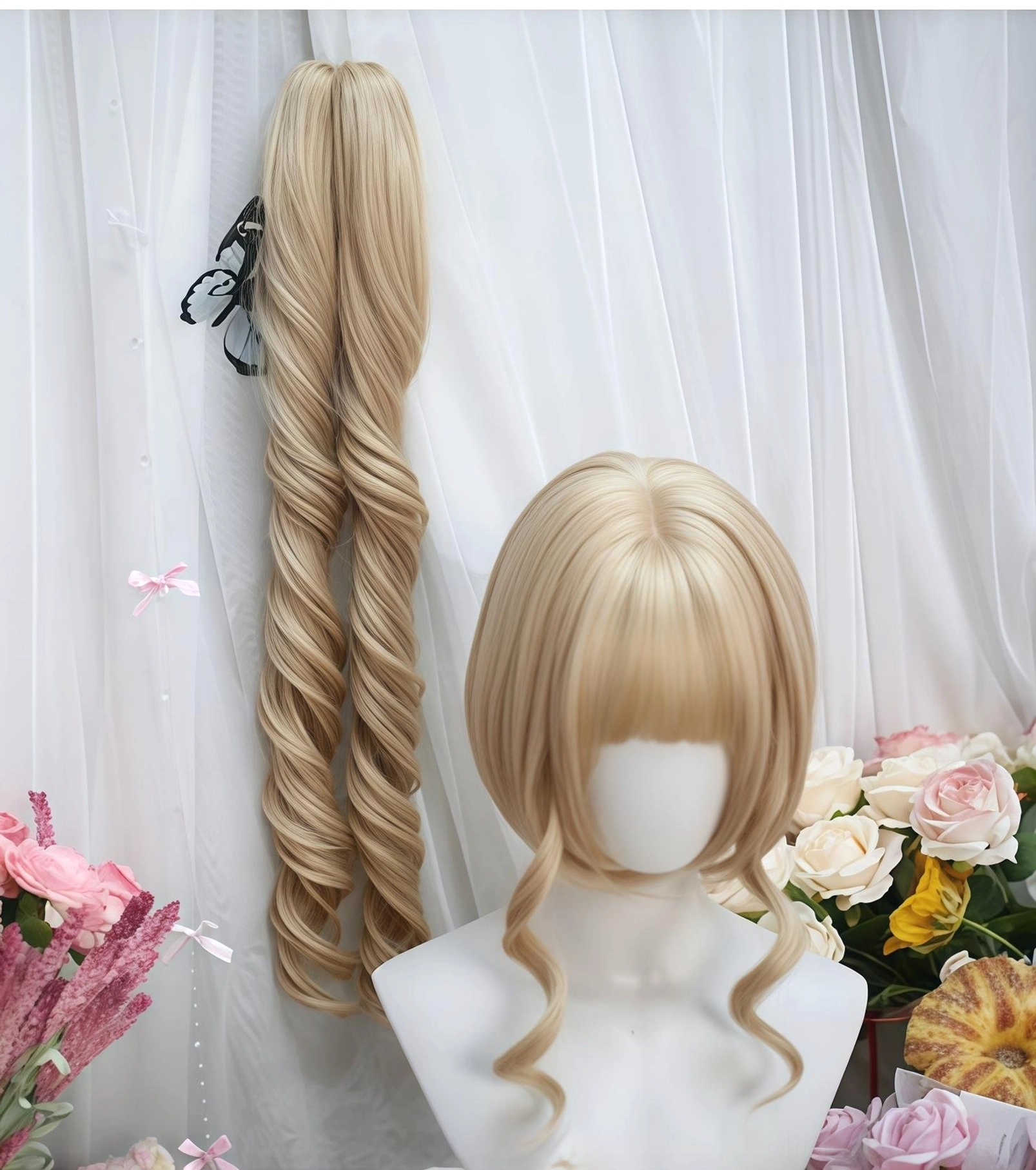 Detachable Roman roll twin tails wig set combined with basic bangs wig base, side view of light beige blonde spiral ponytails and front view of basic bob wig, showing hair clip attachment system and neat blunt bangs