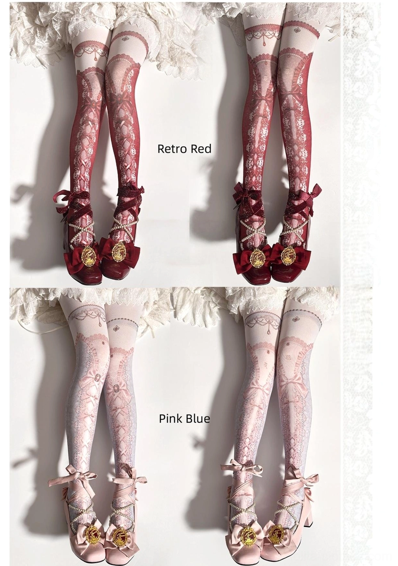 Two model legs wearing different color variants of lolita printed pantyhose - retro red and pink blue - each paired with matching coordinated lolita shoes, top-down view