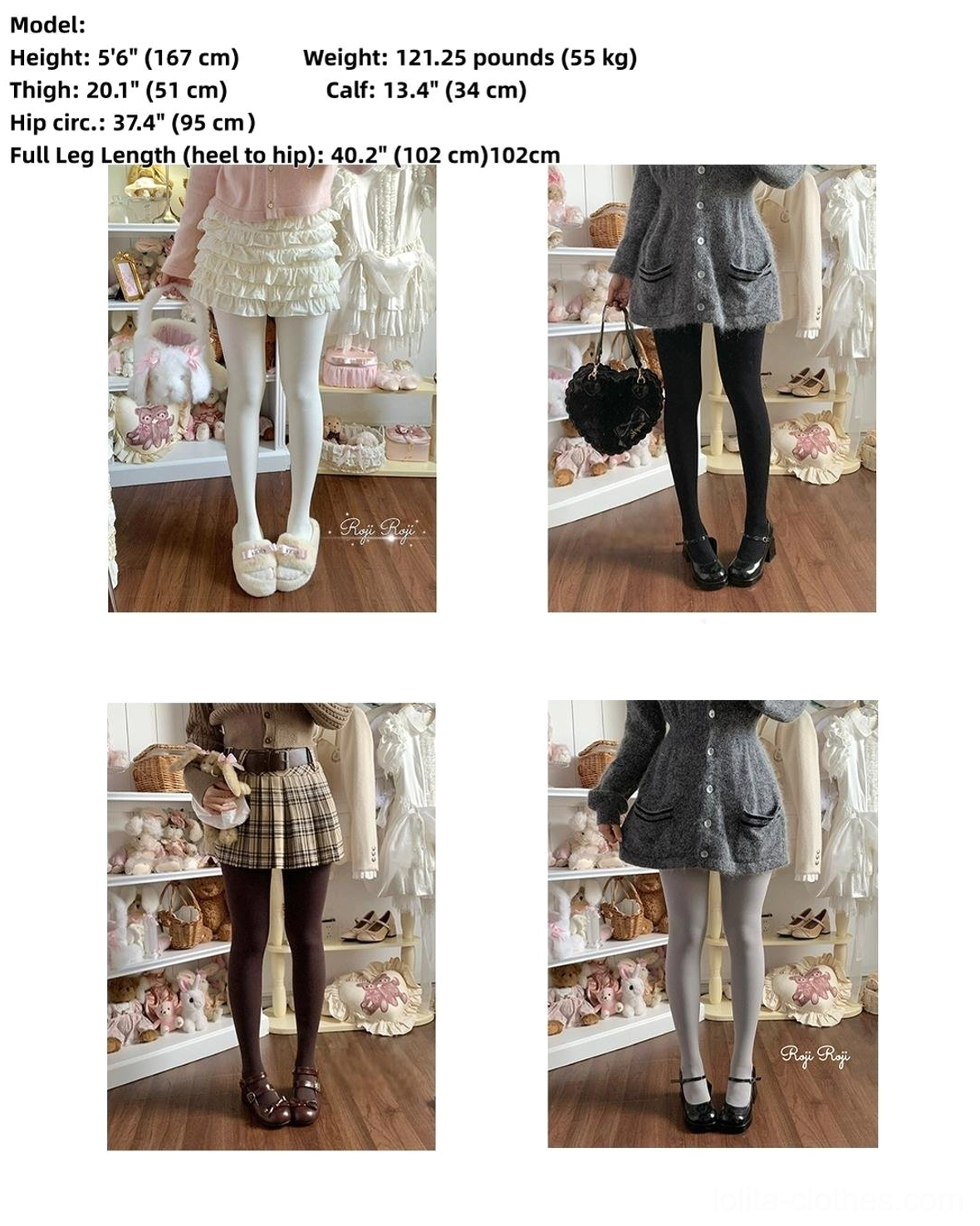 Lolita velvet winter pantyhose product information chart with model measurements height weight thigh calf hip leg length specifications