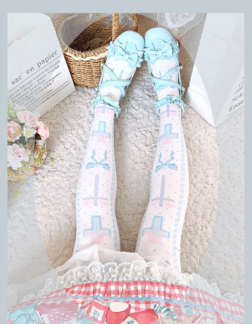 Lolita thigh high stockings product showcase highlighting premium velvet material, intricate bow cross wing dot motifs, and grid patterned opening design