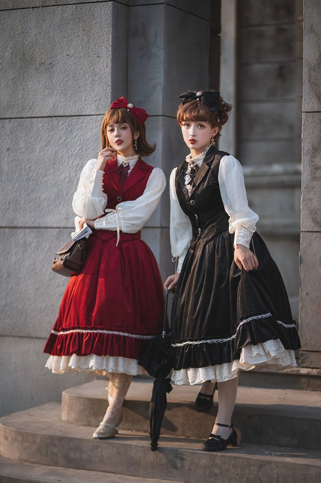 Retro lolita velvet waistcoat two-piece set with ruffled inner blouse and lace skirt hem on stone steps