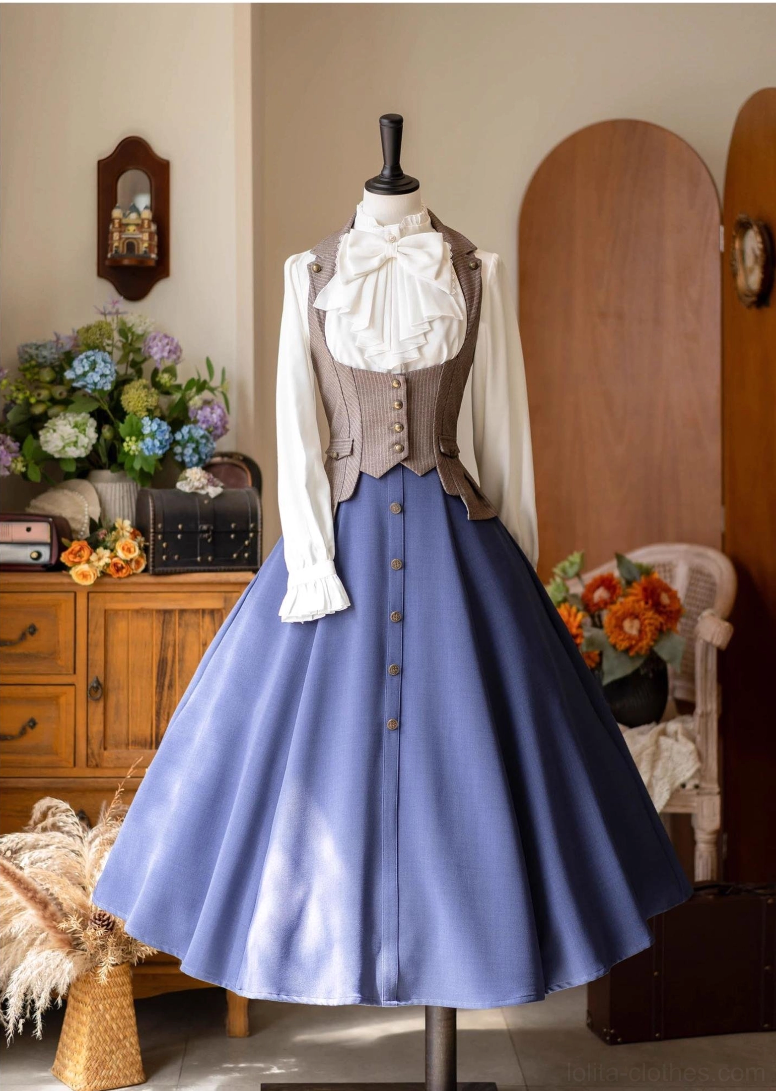 Classic lolita striped vest charcoal black size details measurements fit guide tailor information