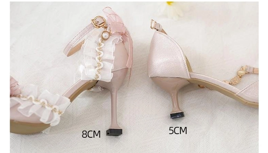 Side-by-side comparison of pink lolita wedding heels showing two heel height options - 5cm and 8cm stiletto heels with sheer ruffled ankle trims and open heel design, back and side profile views