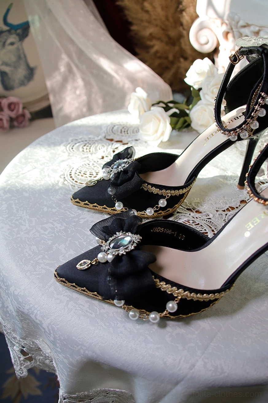 Lolita wedding high heels pointed toe satin bow pearl rhinestone ankle detail handcrafted bridal footwear multiple colorway