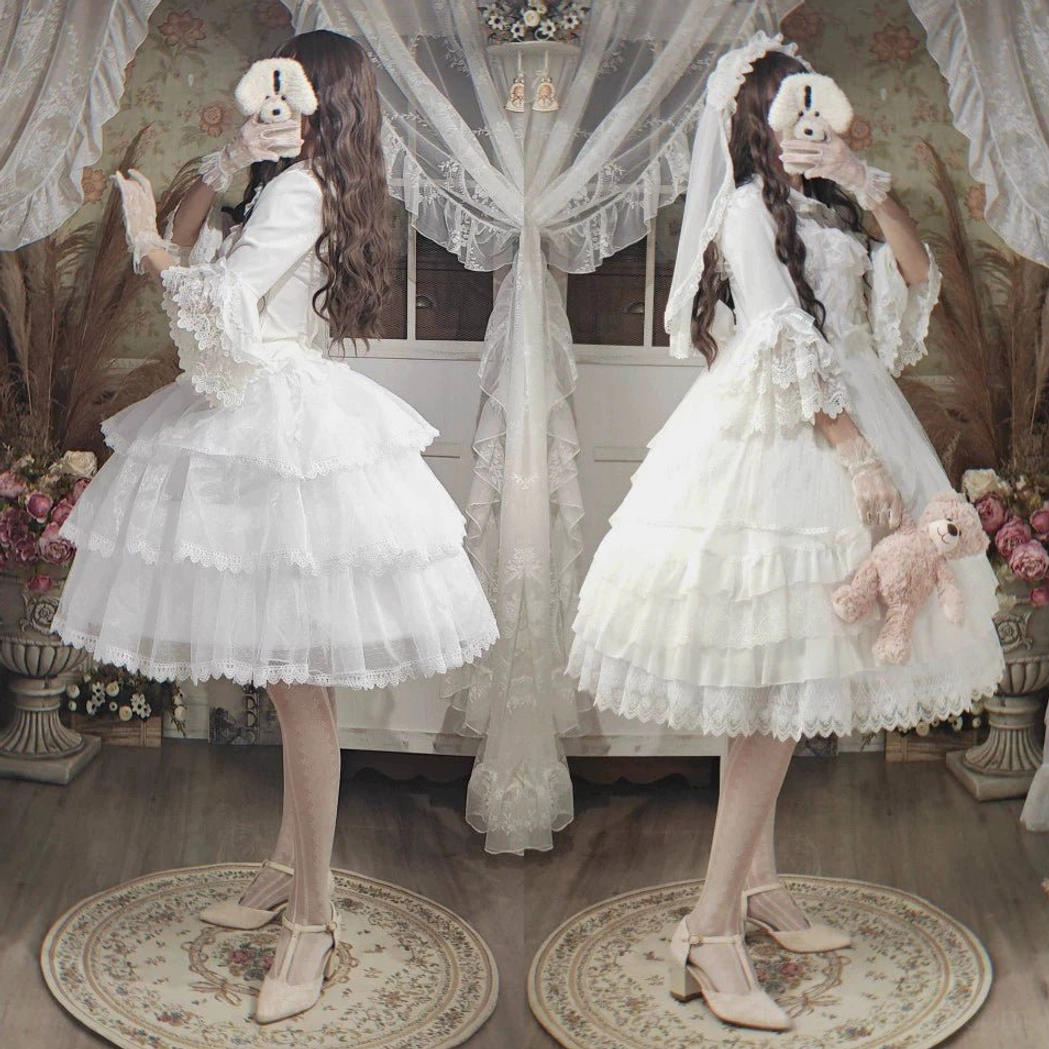Lolita wedding petticoat side front full body model view with white tiered ruffled tulle and vintage interior