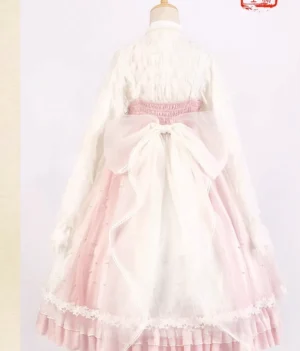Lolita white transparent bow tail streamer accessory with gold star printed tulle and layered satin back view flat lay