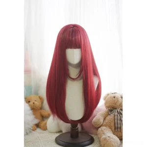 Deep wine red long straight blunt bangs lolita wig front view displayed on mannequin with teddy bear prop - matte finish heat resistant silk synthetic hair