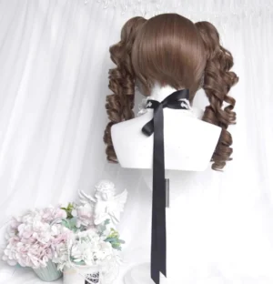 Back view of detachable curl ponytail Lolita wig showing natural brown hair layers with black ribbon bow neck decoration