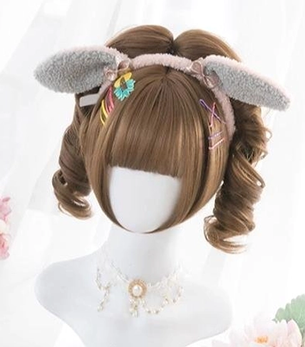 Chestnut brown lolita twin ponytail wig with bunny ear hairband front three-quarter display gray fuzzy ears colorful hair clips delicate necklace