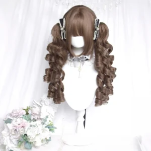 Vintage chestnut brown Lolita wig with short bob base and detachable twin curl ponytails displayed on mannequin head with pink-white flower bouquet and checkered hair clips