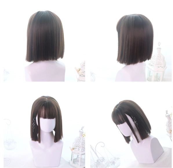 Chocolate brown short bob lolita wig rear angle view showing neat uniform cut and bangs