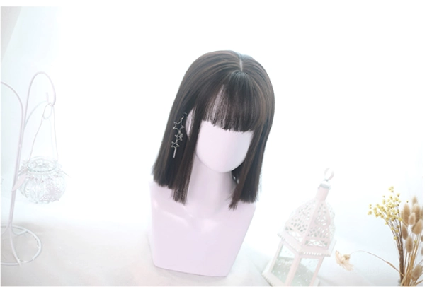 Chocolate brown lolita wig short straight bob front three-quarter angle smooth synthetic hair texture