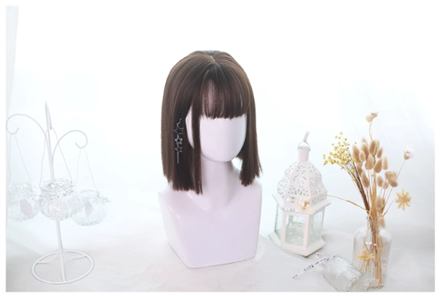 Chocolate brown short straight bob lolita wig full front view mannequin classic full bangs